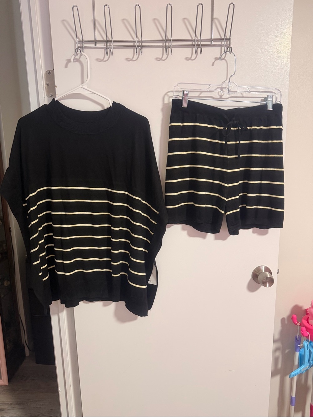 Amazon Black and Cream Striped Women's Knit Poncho Style Top and Shorts Set
